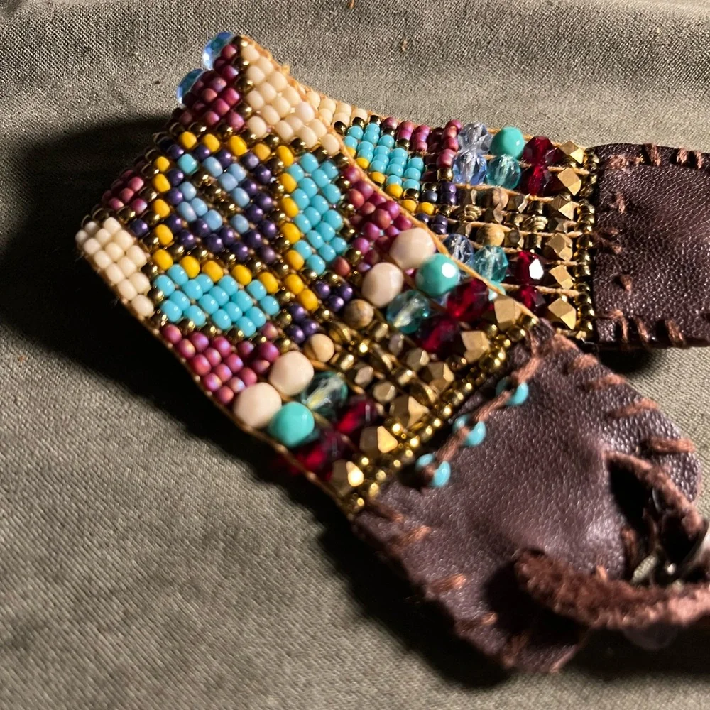 Beaded boho leather cuff bracelet - Picture 3 of 4
